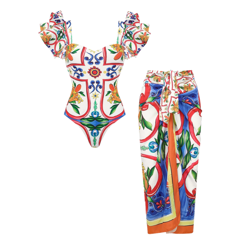 Ruffle Sleeves  Paisley-print  One Piece Swimsuit and Sarong or Paints Flaxmaker