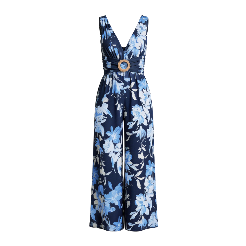 Blue Floral Belted V-Neck Jumpsuit