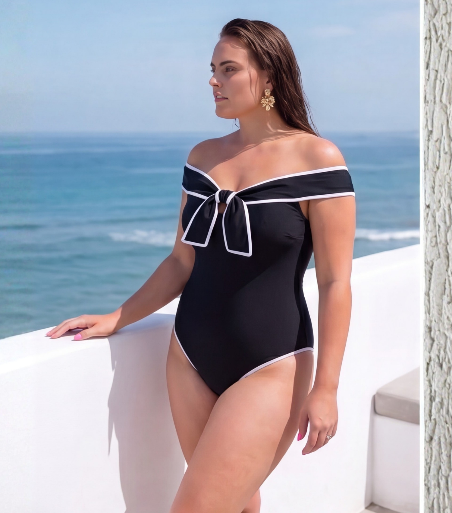 Plus Size Black and White Open Shoulder Bowknot One Piece Swimsuit and Skirt