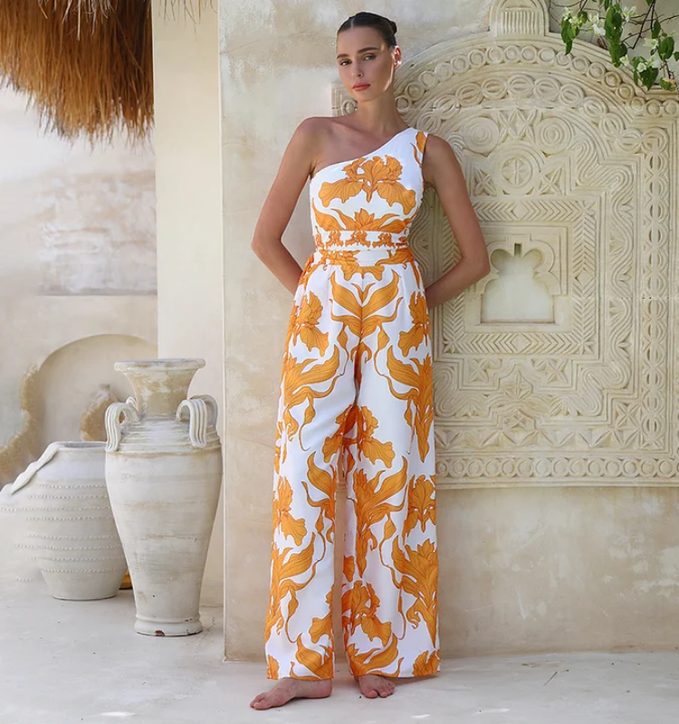 One Shoulder Iris Print One Piece Swimsuit and Pants