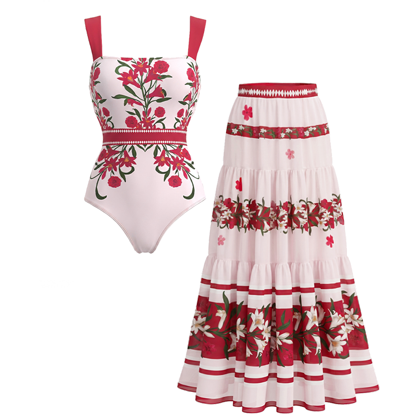 [Copy]Black Beige And Orange Floral Print Swimsuit Set(s)