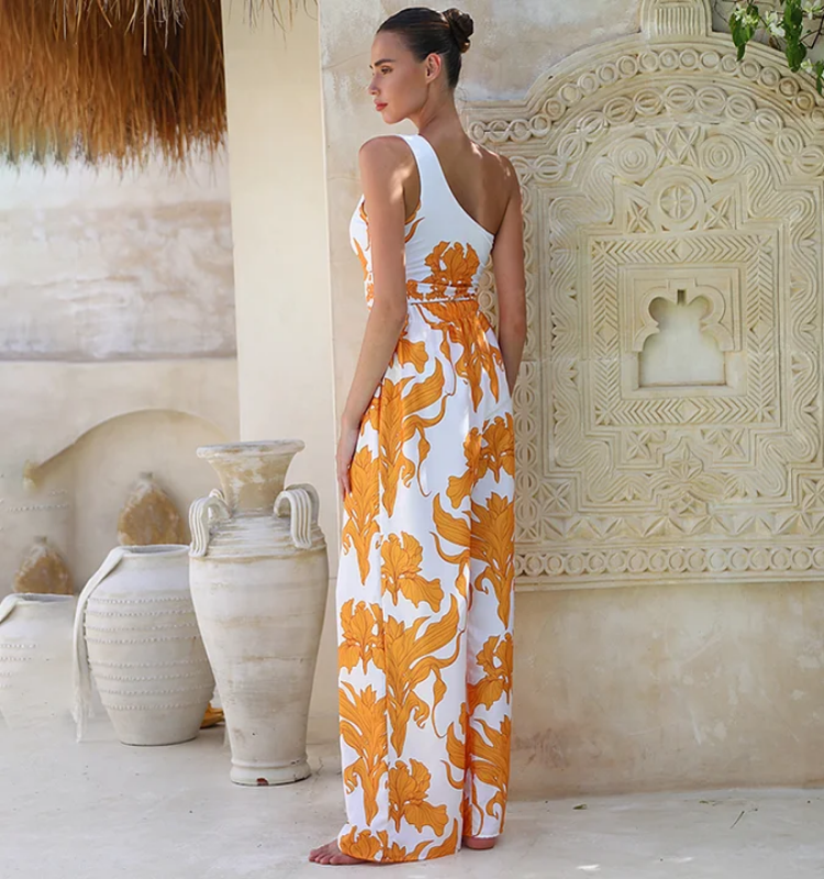 One Shoulder Iris Print One Piece Swimsuit and Pants