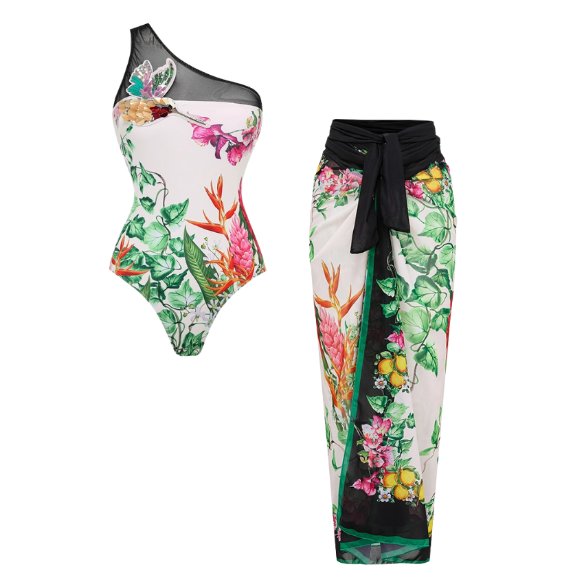 Sequin Embroidered Bird One Shoulder Printed One Piece Swimsuit and Sarong or Skirt Flaxmaker