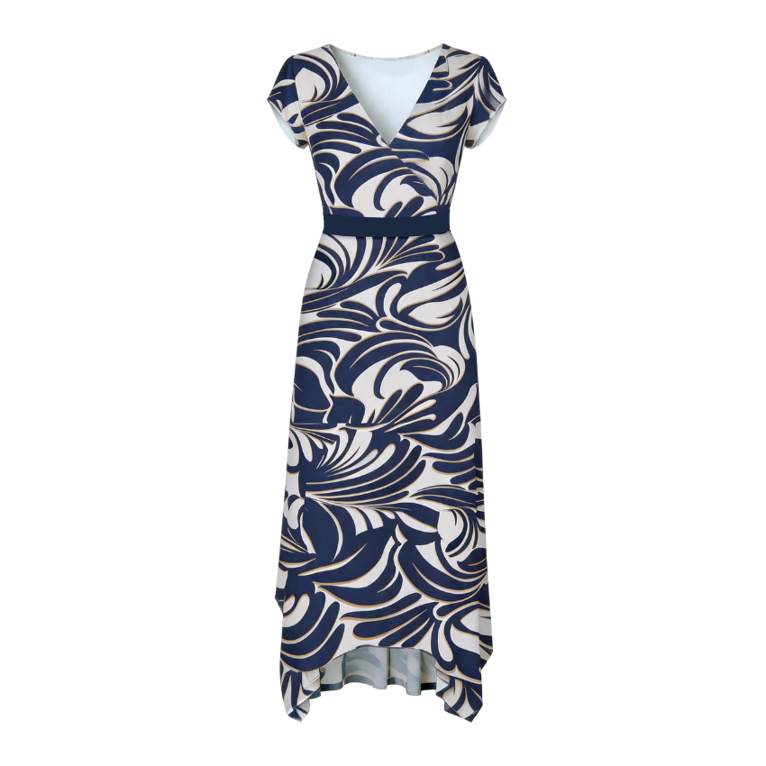 Blue Swirl Print Short Sleeve Midi Dress