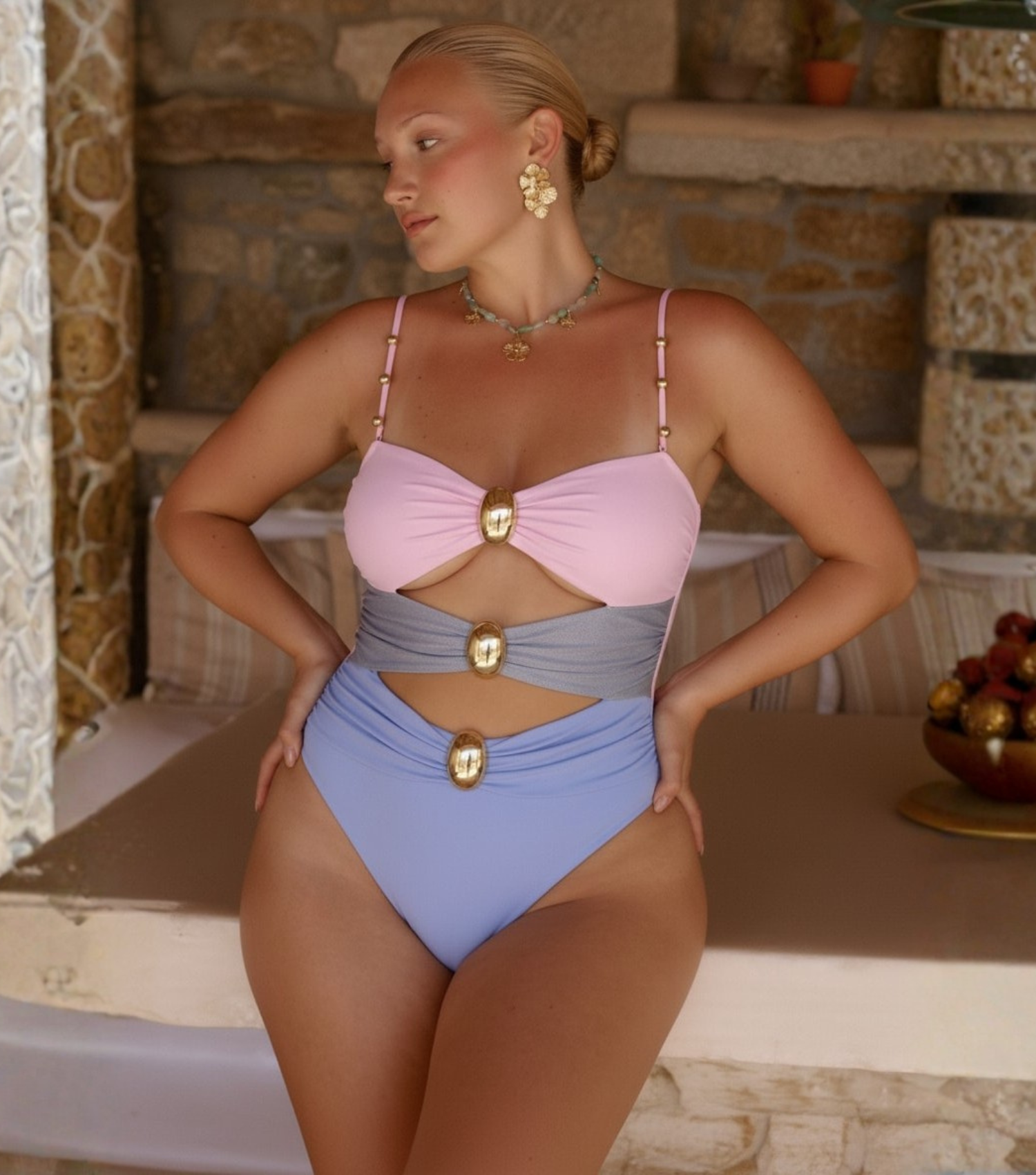 Plus Size Color Block Cutout Removable Strap One Piece Swimsuit and Sarong Flaxmaker