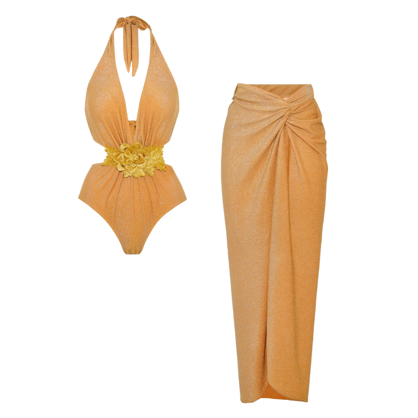 Gold Embroidered Halterneck Cutout Swimsuit and Sarong