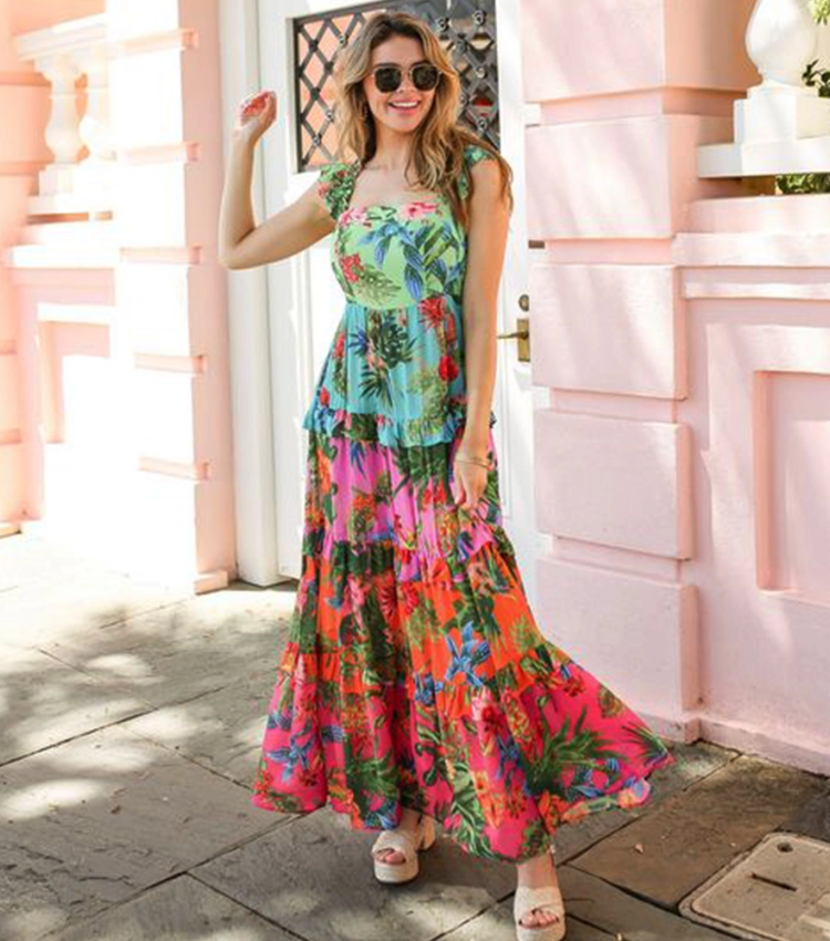 Sling Ruffle Printed One Piece Swimsuit and Skirt