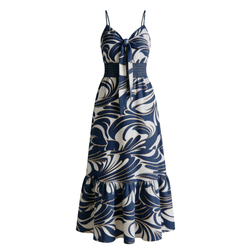 Blue Swirl Print Tie-Front Tiered Maxi Dress