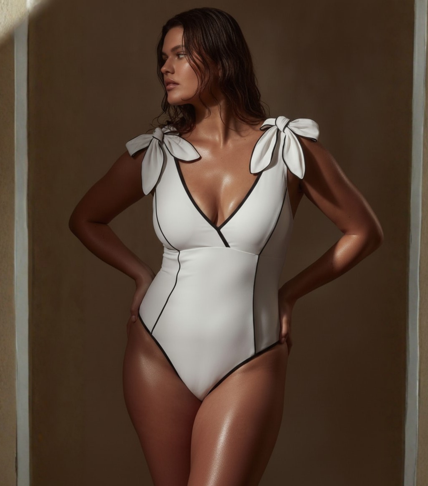 Plus Size Black and White Bowknot Shoulder One Piece Swimsuit and Skirt