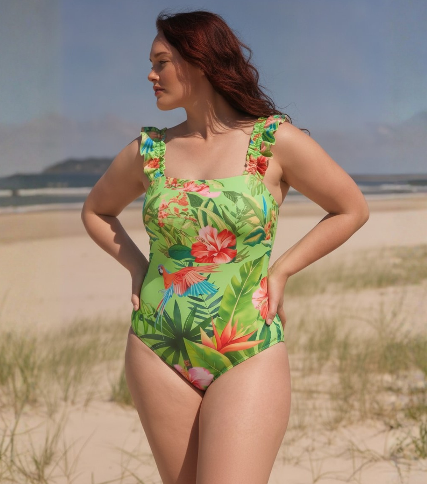 Plus Size Sling Ruffle Printed One Piece Swimsuit and Skirt