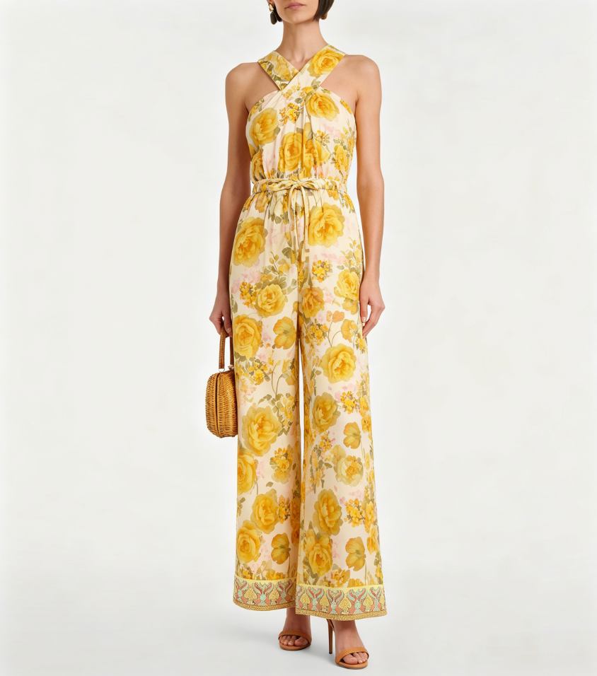 Yellow Rose Floral Cross Halter Wide Leg Jumpsuit