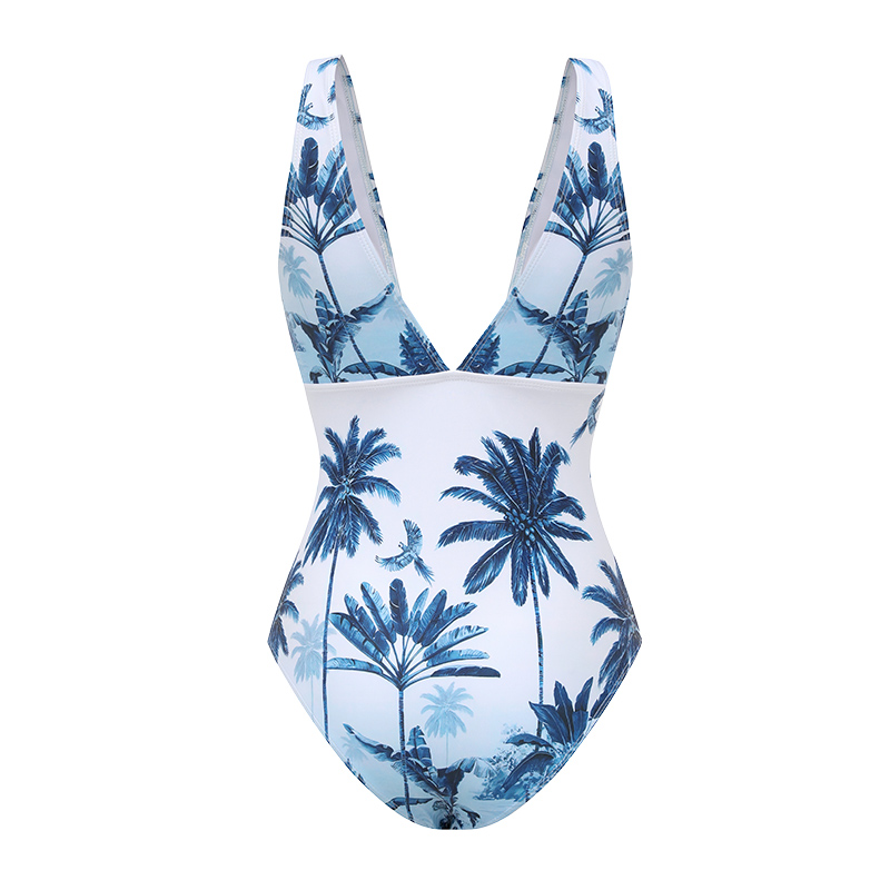 V Neck Lace Up Printed One Piece Swimsuit and Skirt
