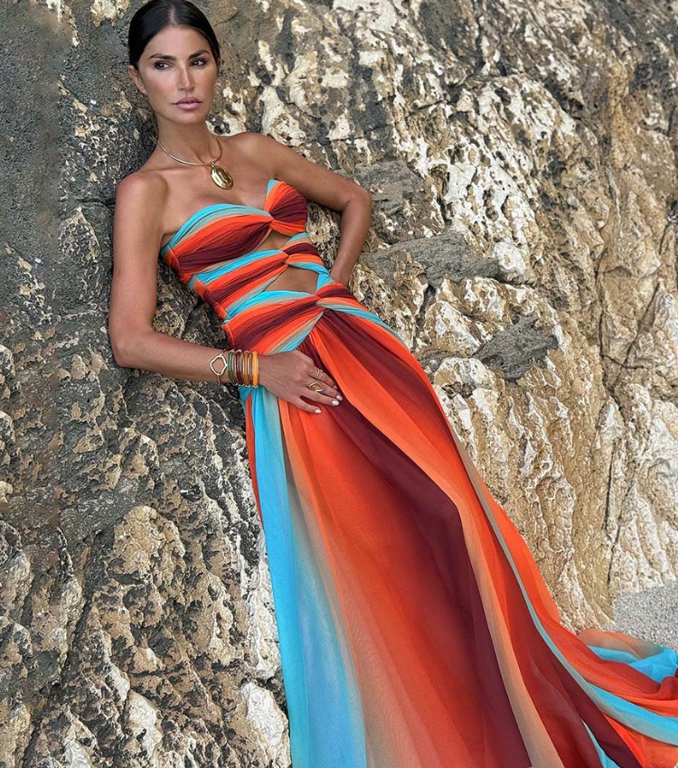 Blue-Orange Gradient Hollow One Piece Swimsuit and Skirt