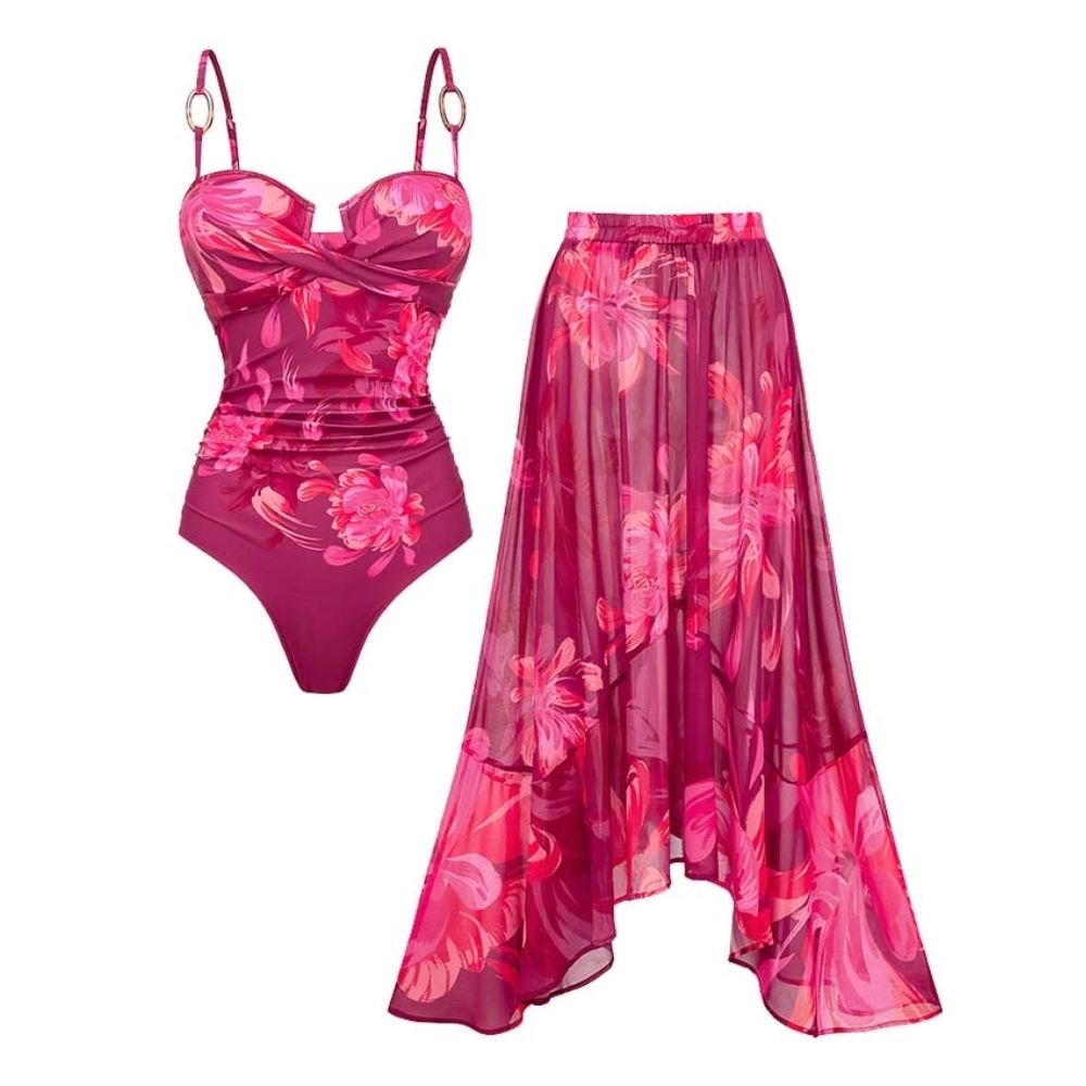 Sling Abstract Floral Print One Piece Swimsuit and Skirt