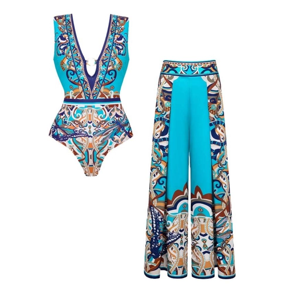 Butterfly and Dragonfly V-neck Hollow Print One Piece Swimsuit and Pants