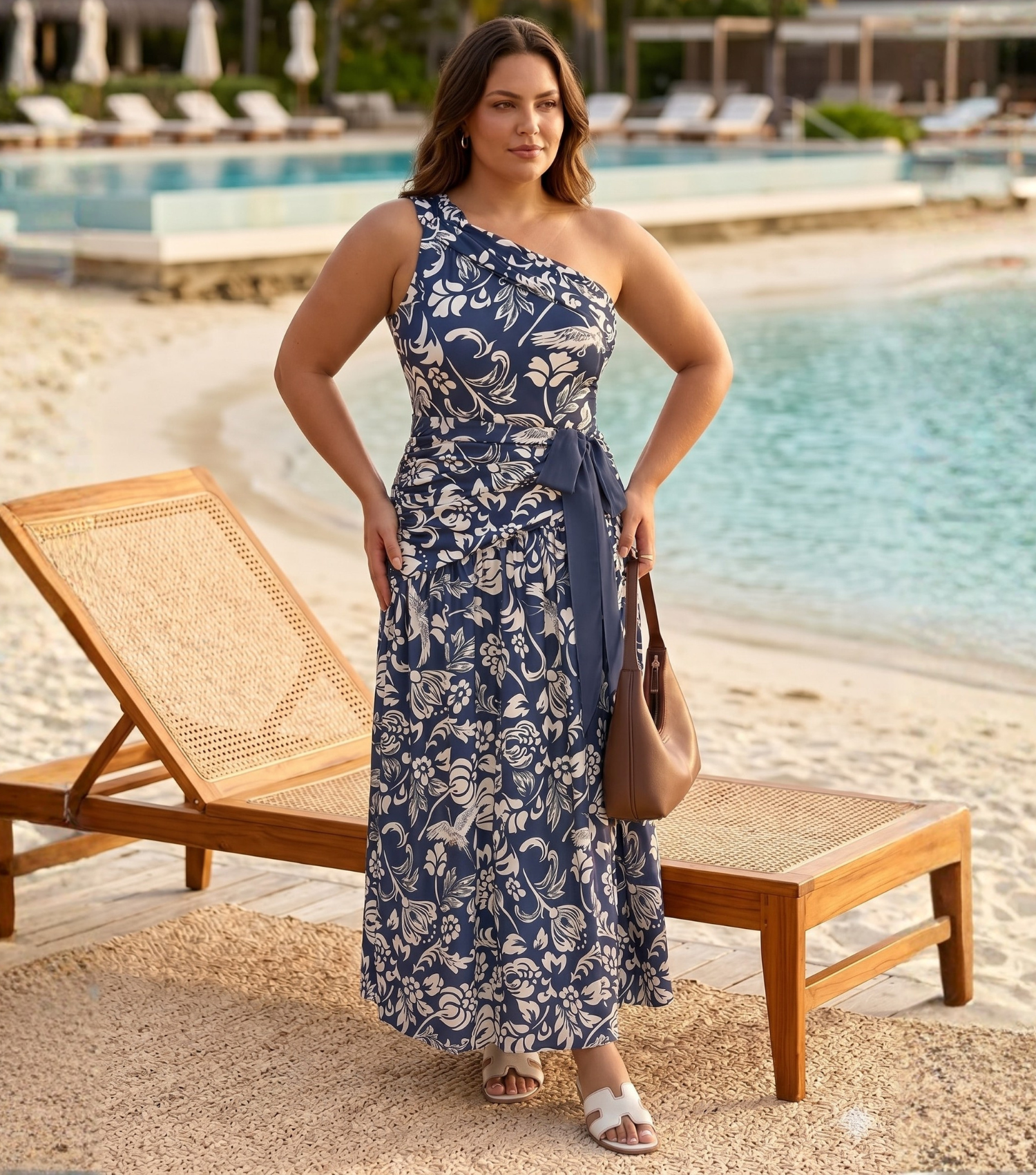 Plus Size One Shoulder Ruched Blue Printed Swimsuit Set(s)