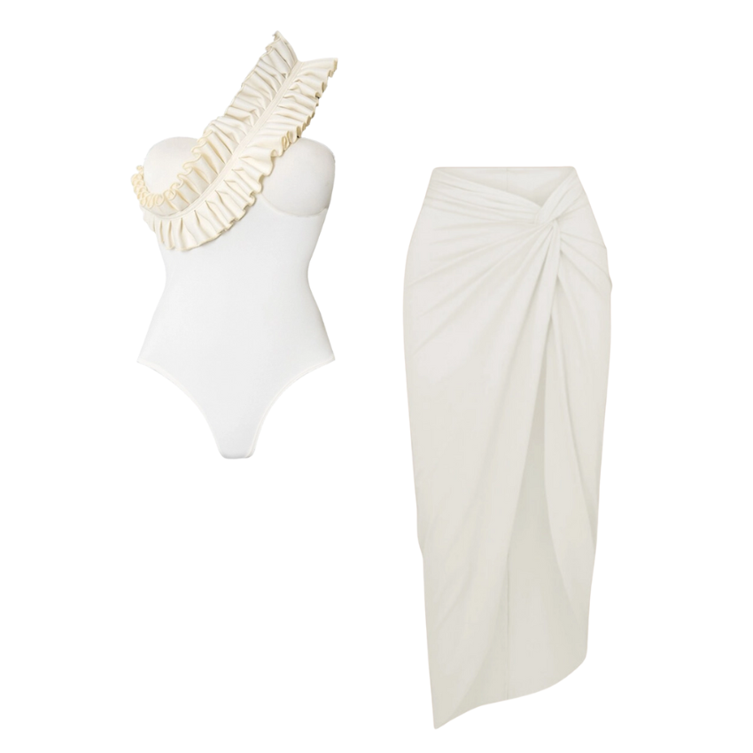 One Shoulder Ruffle White One Piece Swimsuit and Skirt Flaxmaker