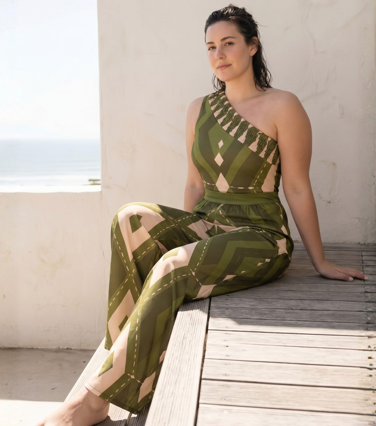 Plus Size One Shoulder Geometric Pattern Print One Piece Swimsuit and Pants