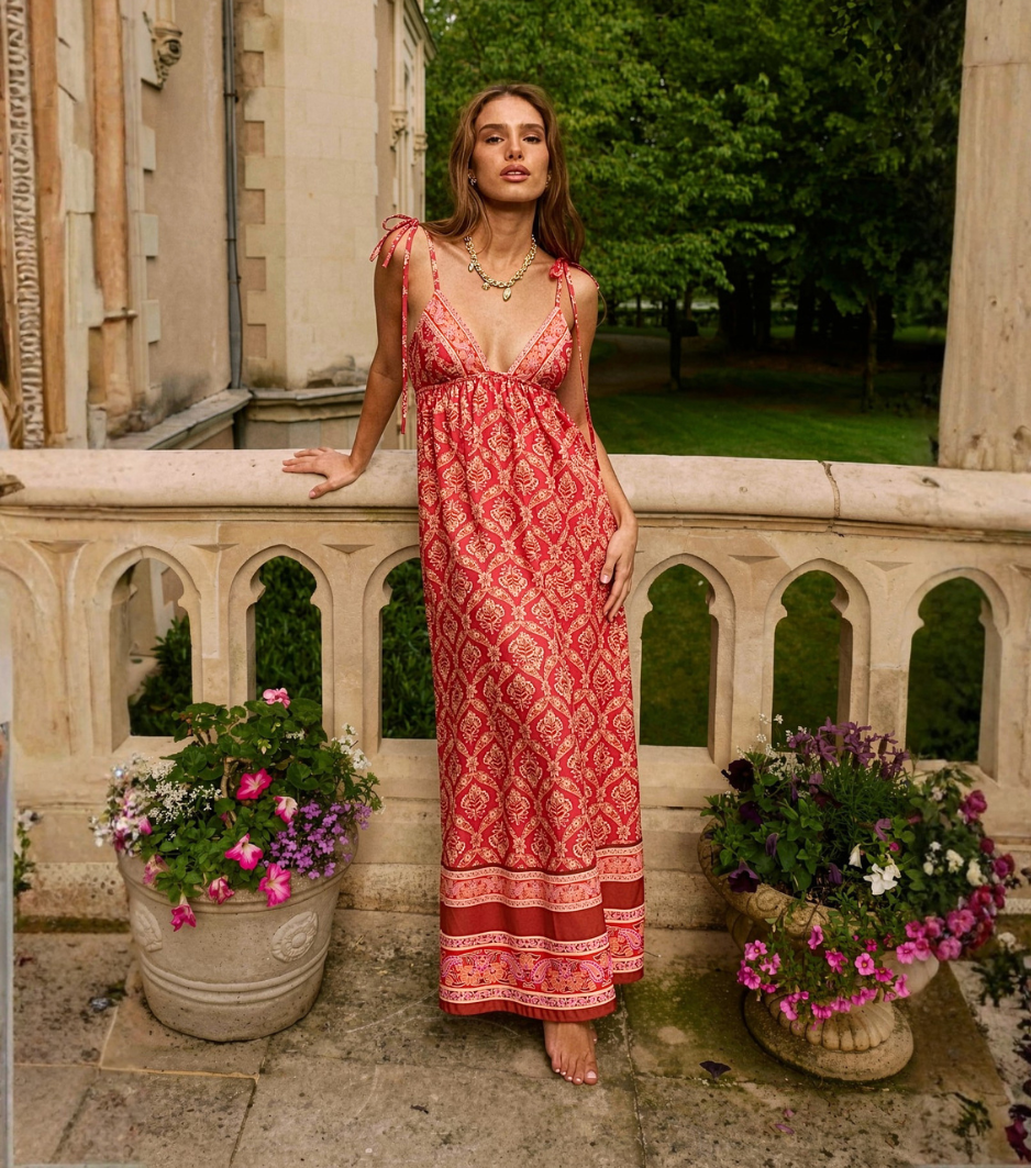 Red Ethnic Geometric Tie-Strap Flowy Maxi Dress