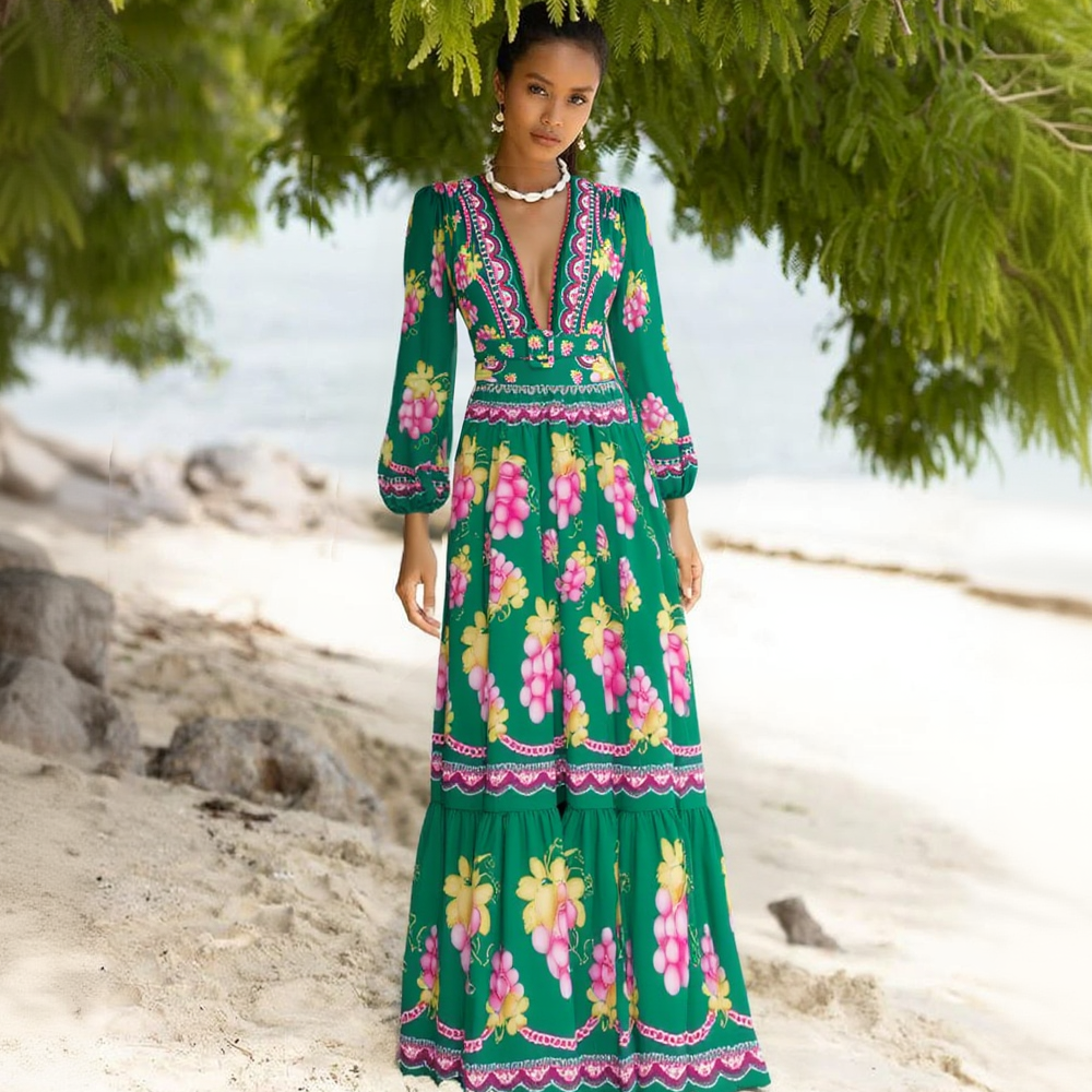 Long-sleeved Retro Green Grapes Print One Piece Swimsuit and Skirt