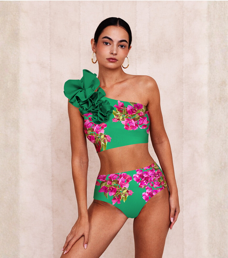 Pink Bougainvillea Flower Printed Bikini Swimsuit and Skirt Flaxmaker