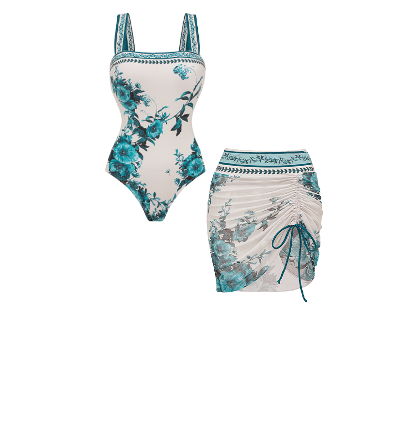 Dark Cyan Botanical Flower Print Swimsuit Set(s)