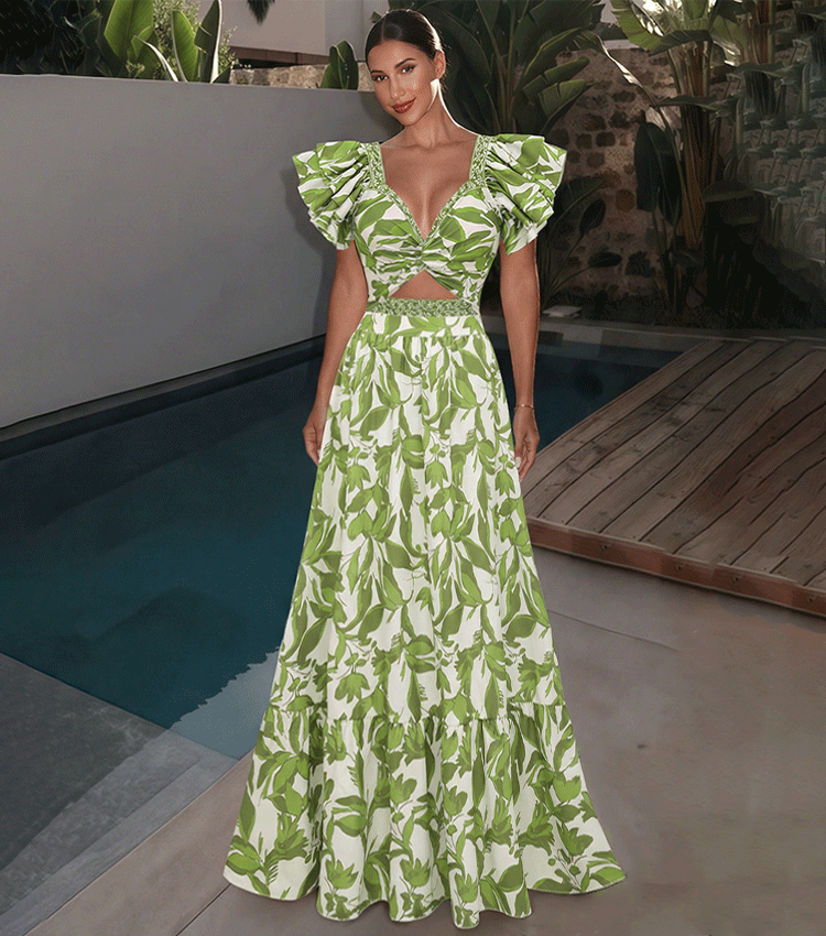 Ruffle V Neck Green Print Cut Out Swimsuit Set(s)