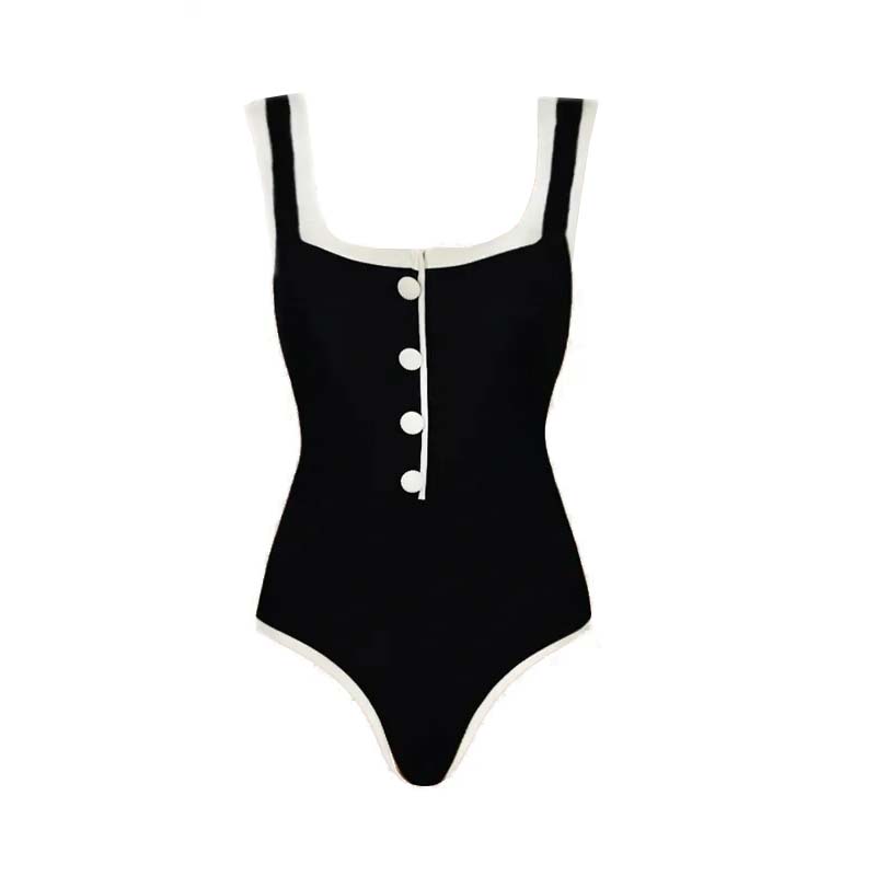 White and Black Colorblock One Piece Swimsuit and Skirt