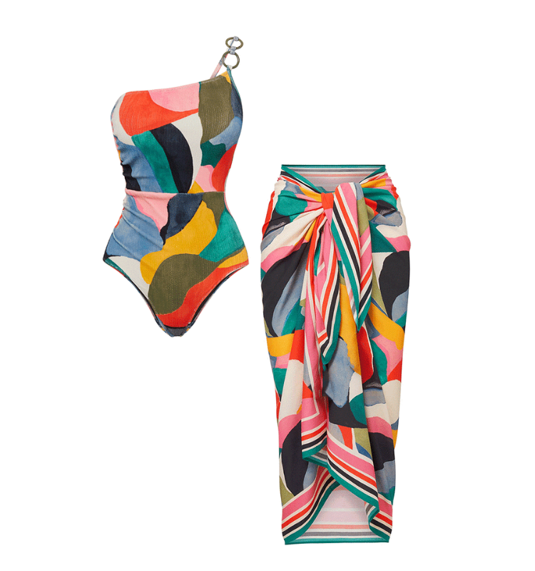 O Ring One Shoulder Printed One Piece Swimsuit and Sarong