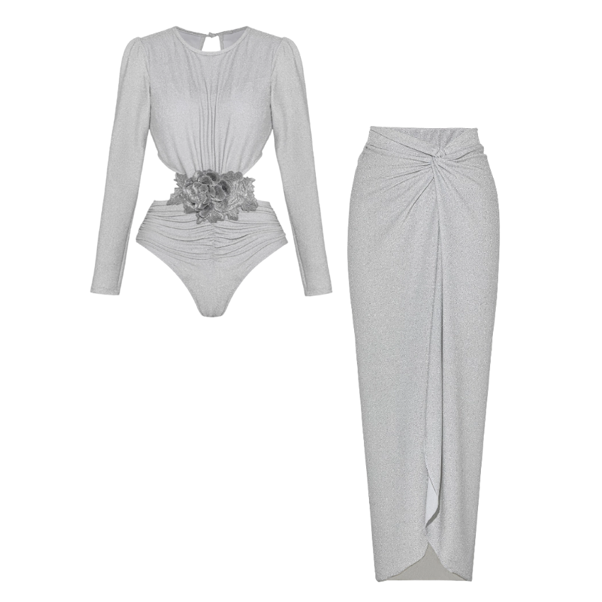 Silver Embroidered Long Sleeves Cutout Swimsuit and Sarong