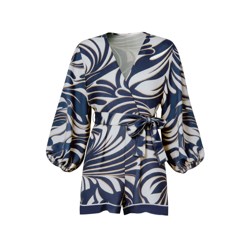 Blue Swirl Print Balloon Sleeve Wrap Romper