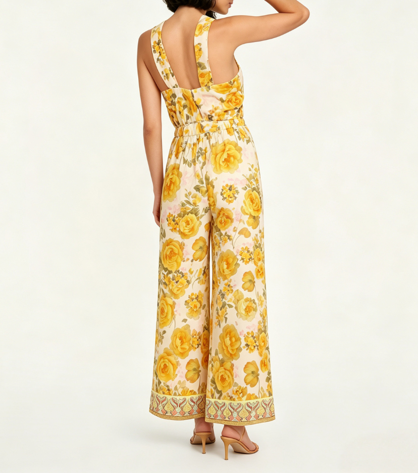 Yellow Rose Floral Cross Halter Wide Leg Jumpsuit