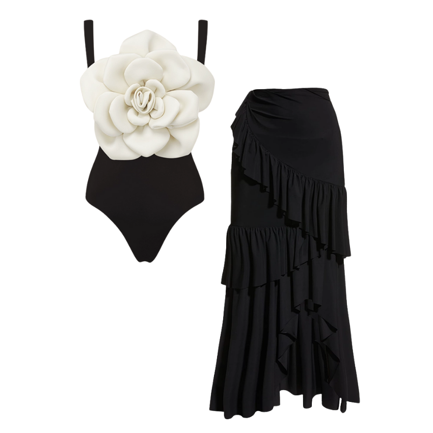3D Flower Sling Color Block One Piece Swimsuit and Skirt Flaxmaker