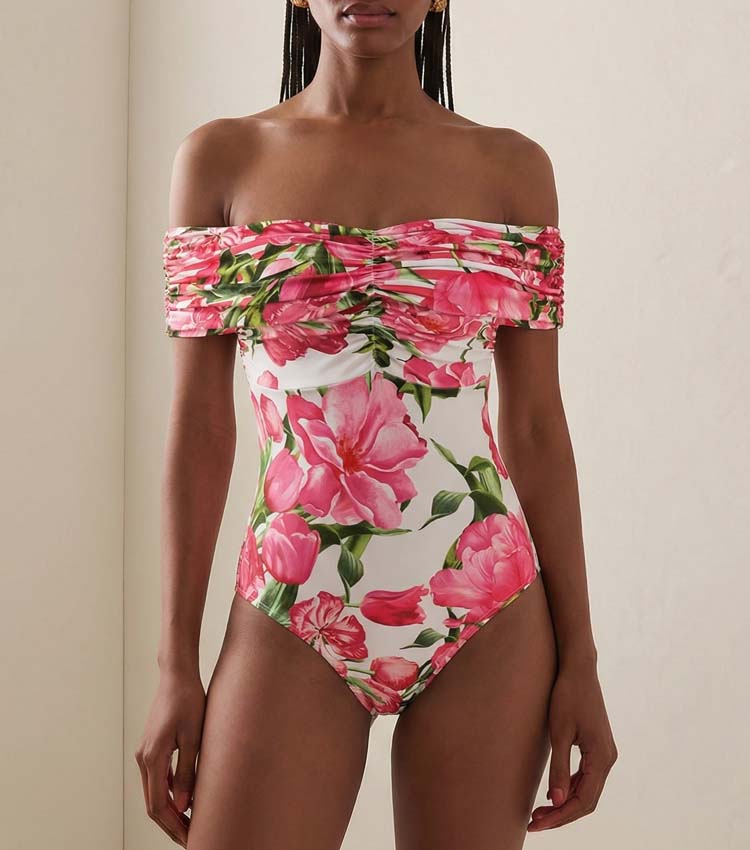 Ruched Off Shoulder Flower Print One Piece Swimsuit and Skirt