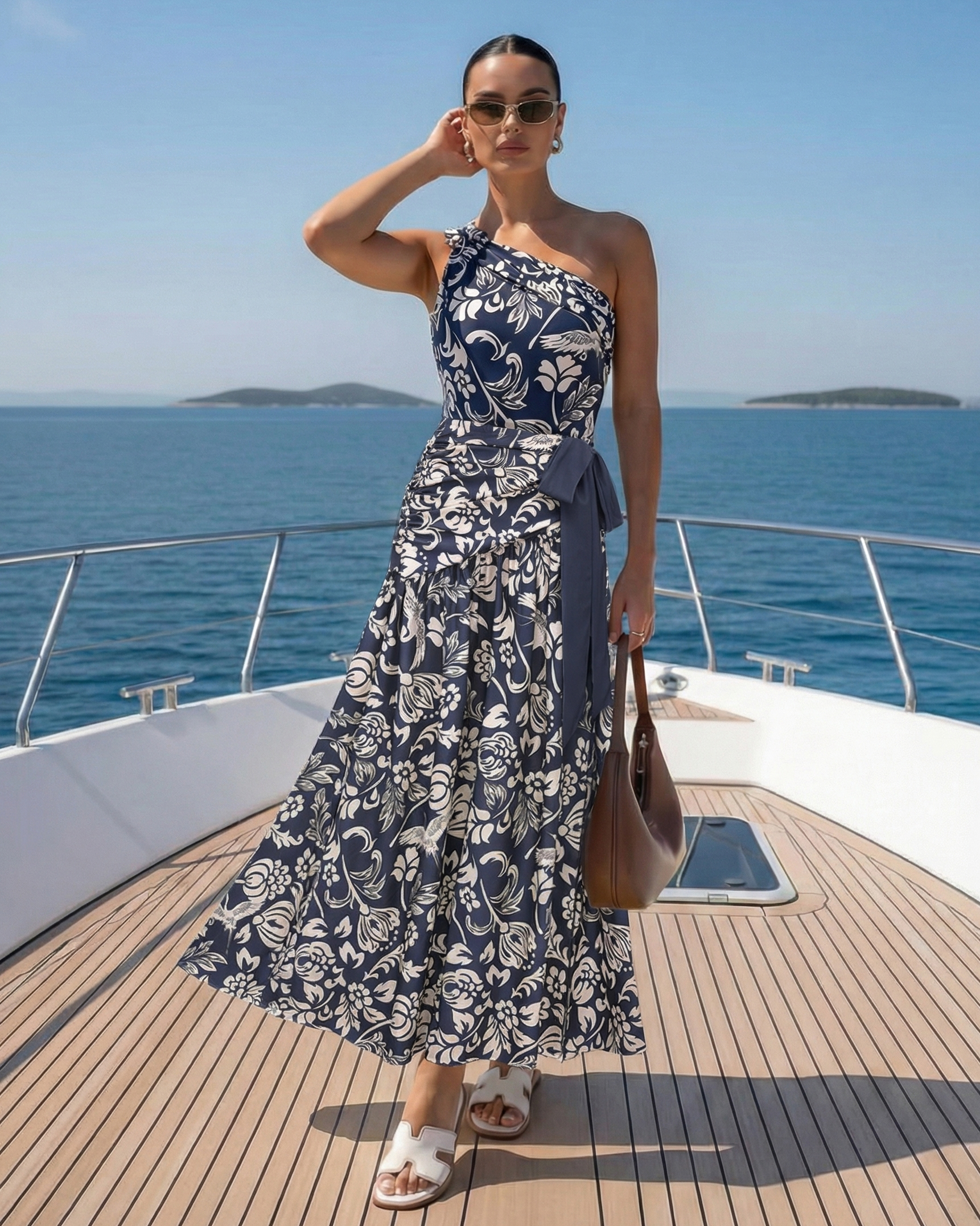 One Shoulder Ruched Blue Printed Swimsuit Set(s)