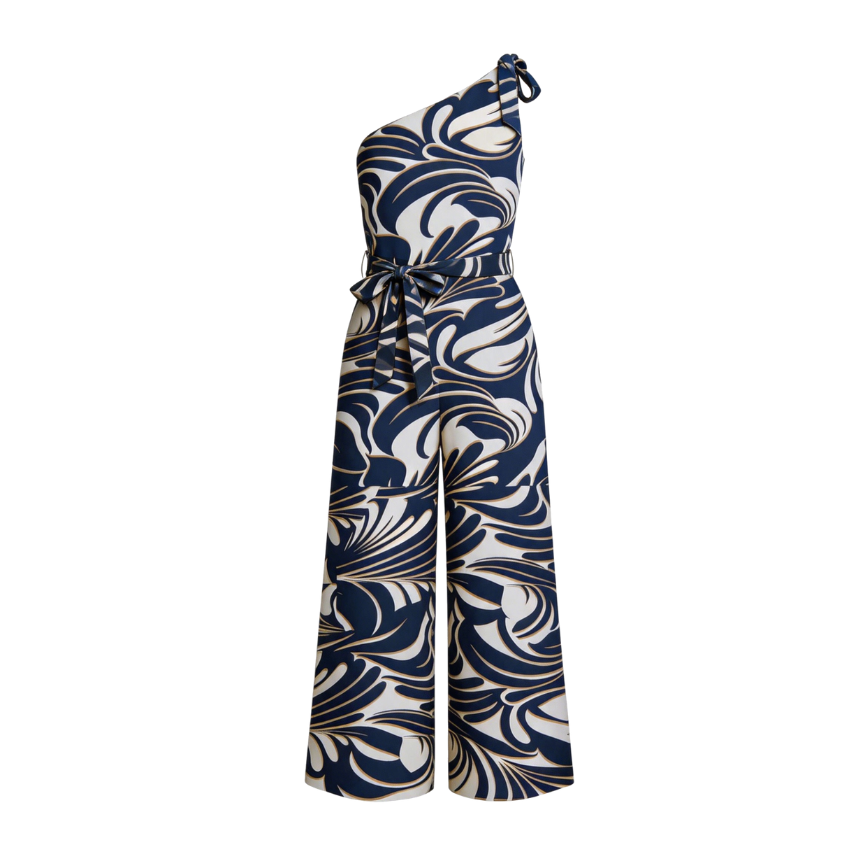 Blue Swirl Print One-Shoulder Belted Jumpsuit