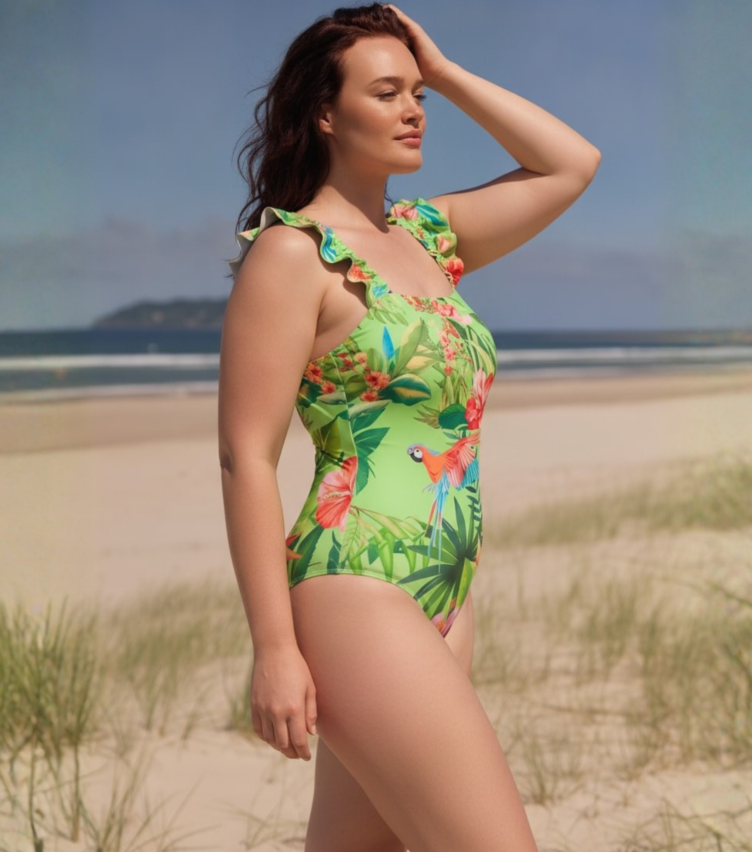 Plus Size Sling Ruffle Printed One Piece Swimsuit and Skirt