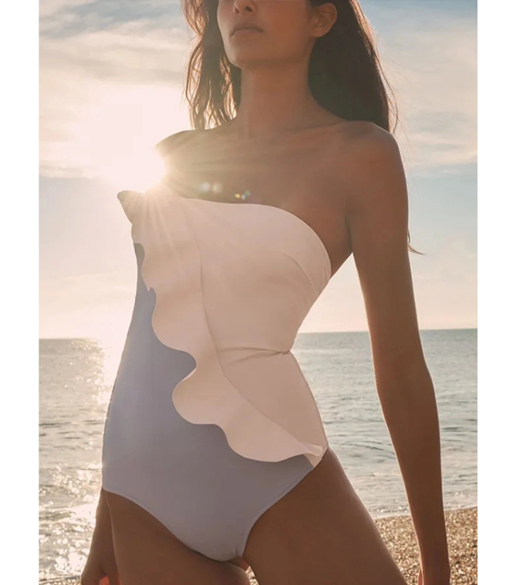 Off Shoulder Color Block Ruffle Decor One Piece Swimsuit and Skirt Flaxmaker