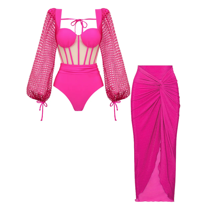 Mesh Hollow Long-sleeved Net Yarn Splicing One Piece Swimsuit and Sarong