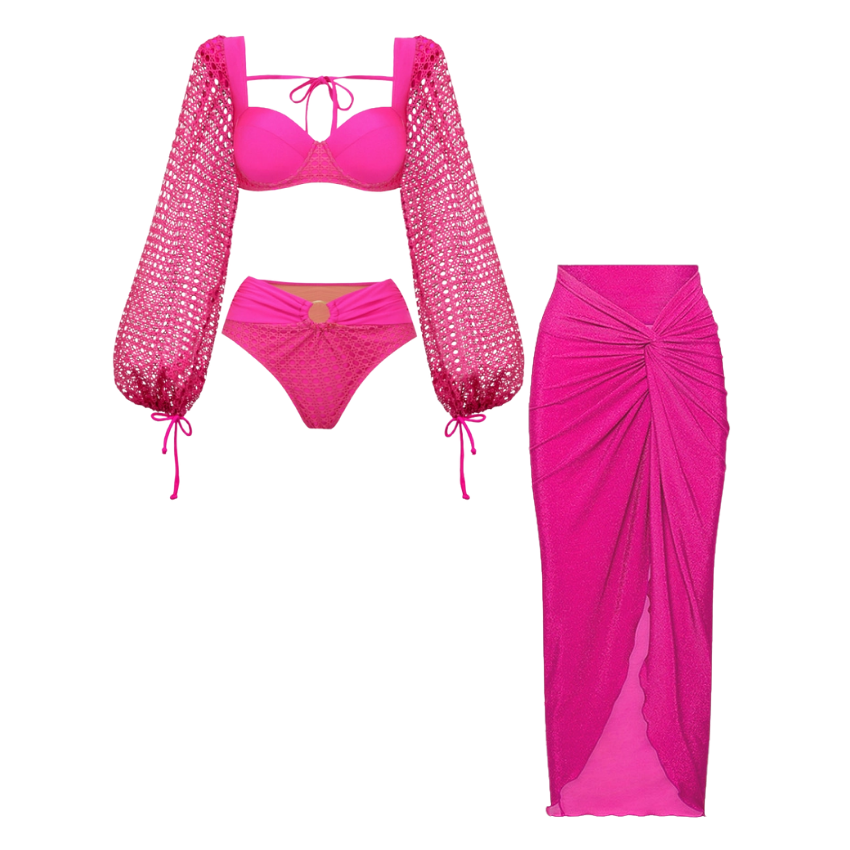 Mesh Hollow Splicing Long-sleeved Underwired Bikini Swimsuit and Sarong