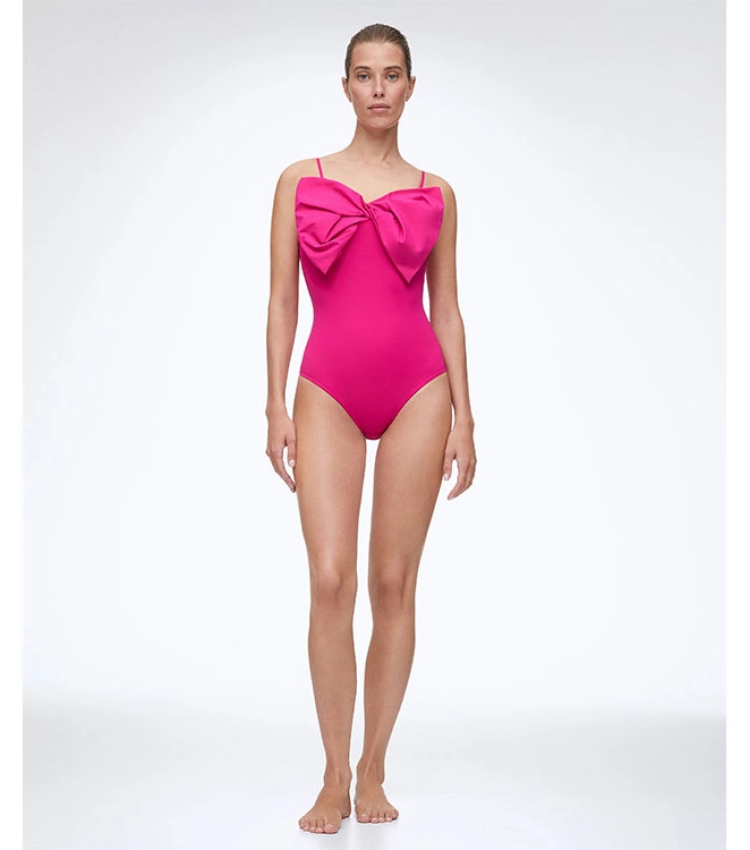 Bowknot Pink Bandeau One Piece Swimsuit and Skirt Flaxmaker