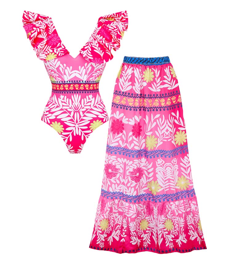 V Neck Ruffle Printed One Piece Swimsuit and Skirt