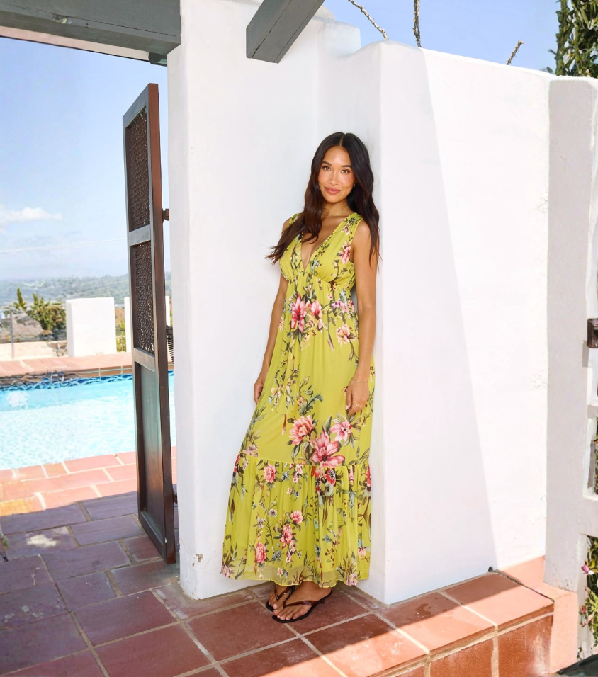 Olive Green Floral V-Neck Tiered Maxi Dress