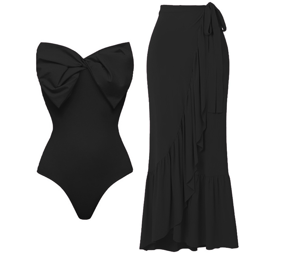 Bowknot Pink Bandeau One Piece Swimsuit and Skirt Flaxmaker