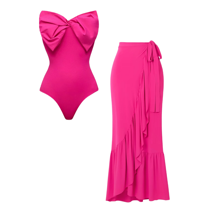 Bowknot Pink Bandeau One Piece Swimsuit and Skirt Flaxmaker