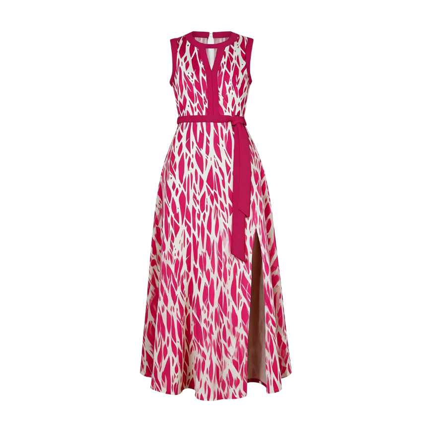 Pink Branch Print Belted Sleeveless Midi Dress