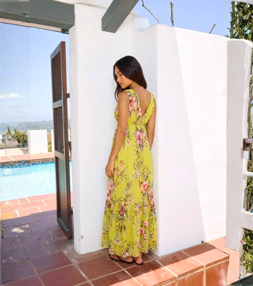 Olive Green Floral V-Neck Tiered Maxi Dress