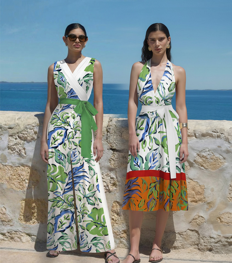 Printed Backless Wrap  Dress