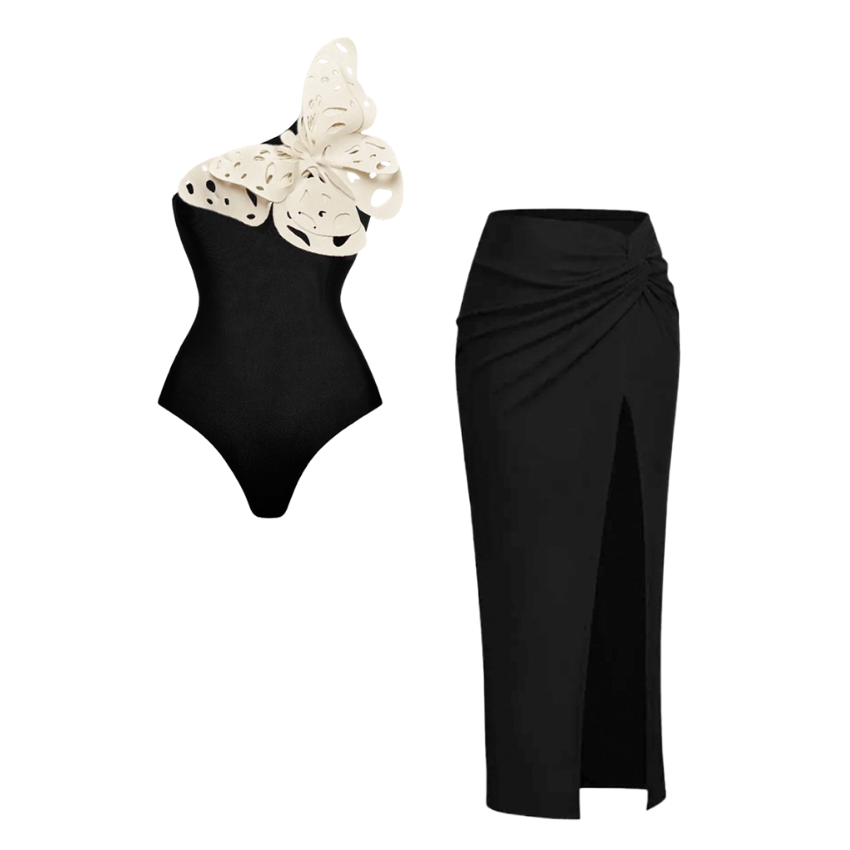 Butterfly Hollow Out One Piece Swimsuit and Skirt Flaxmaker