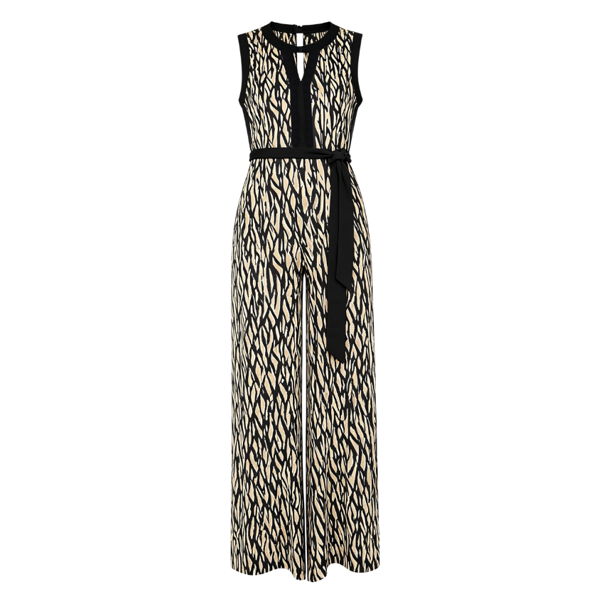 Beige Branch Print Sleeveless Belted Jumpsuit